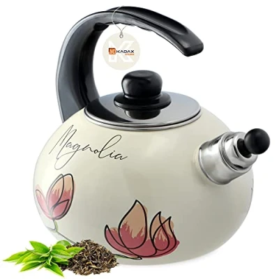 Afbeelding van KADAX Waterketel, ketel van roestvrij staal, 2,2 l fluitketel, waterkoker voor inductie en gasfornuis theeketel, emailleketel, retro met pijp Rode Bloemen