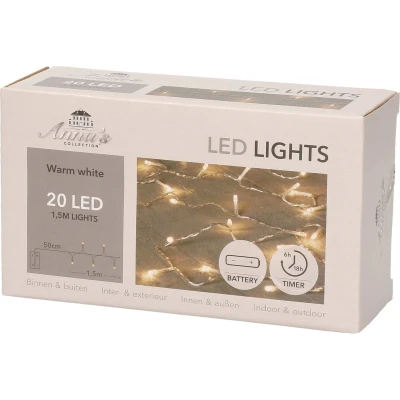 Afbeelding van Kerstverlichting met timer 20 warm witte lampjes op batterijen Lichtsnoer transparant leds