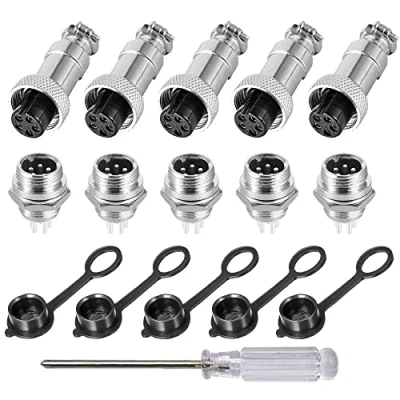 Afbeelding van Aiqeer 5 stuks polige GX12 Aviation stekkers, 12 mm schroefdraad, metalen luchtvaartkabelverbinder, 5A mannelijke en vrouwelijke luchtvaartstekker, stekkerkit, met rubberen dop