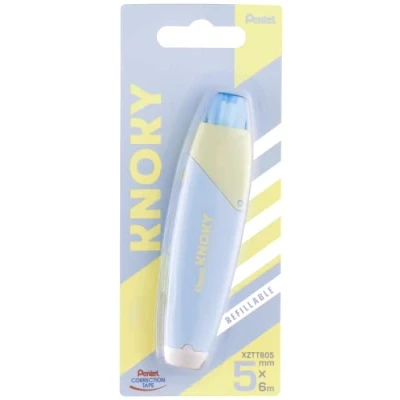 Afbeelding van Pentel XZTT805S WY Knoky correctietape met drukmechanisme, ergonomische vorm, navulbaar, lengte 6 m, breedte 5 mm, kleur behuizing: lichtblauw, 1 stuk op blisterkaart