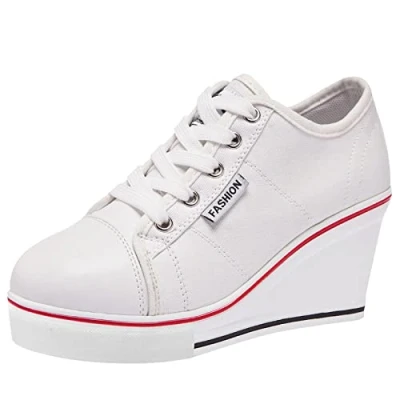 Afbeelding van ANUFER Vrouwen Sleehak Veterschoenen Canvas Hardloopschoenen Wit SN02435 EU35