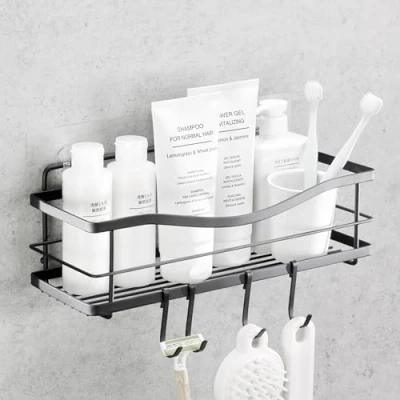 Afbeelding van KINCMAX Douche Plank Zelfklevende Boorvrije Keuken of Badkamerorganizer Zwarte Ppbergplanken voor Binnendouche met Haken Organisator en Accessoires