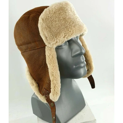 Afbeelding van Lapeer leren vliegeniersmuts met bontvoering kleur bruin maat one size