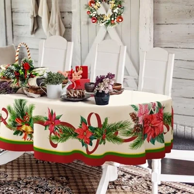 Afbeelding van Yighty Ovaal kersttafelkleed met kerstster, hulst en dennenappel, waterdicht kreukbestendig polyester, duurzaam tafelkleed voor feest, keuken, winter woondecoratie, 150 x 213 cm