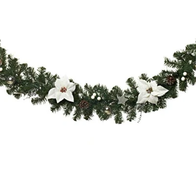 Afbeelding van Luxe Kerst Guirlande Compleet met decoratie en versiering Wit, Zilver &amp; Groen 270 cm