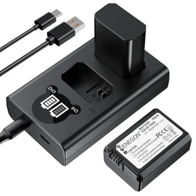 Afbeelding van ENEGON 2xNP FW50 (1300mAh) Reserveaccu&#039;s + Slimme LED lader, voor Sony NP FW50, compatibel met diverse Alpha en NEX modellen