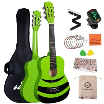Afbeelding van ADM 1/4 kindergitaar junior concertgitaar voor beginners met stemapparaat, tas, riem, extra snaren en plectrum, groene honingbij