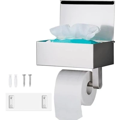 Afbeelding van GUIGUZI Toiletpapierhouder met vochtige doekjesbox, Roestvrij staal Zilver Toiletrolhouder zonder boren, Zelfklevende wandmontage papierhouder voor keuken en badkamer