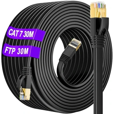 Afbeelding van Internet Kabel 30 meter zwart, Cat7 Platte Ethernet Gigabit Netwerkkabel 30m afgeschermd S/FTP, Hoge snelheid LAN 600MHz, RJ45 witte Patchkabel voor Router, Modem, PS5/4(30 Clips)