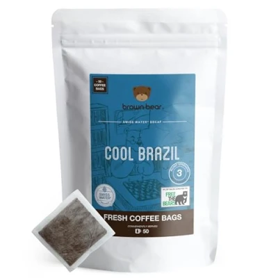 Afbeelding van Swiss water Cafeïnevrije gemalen koffiezakken 50 Zwitsers cafeïnevrij proces Brown Bear Cool Brazilië Sterkte 3 Medium Roast Individuele Arabica zoals