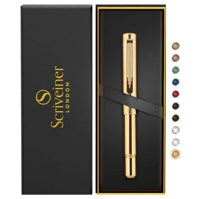 Afbeelding van Scriveiner EDC Gold Luxus Tintenroller 24 Karat vergoldet mit Goldapplikationen, cooler Schreibstift, bestes Stiftgeschenk für Männer und Frauen, deutsche Schmidt Mine, schönes