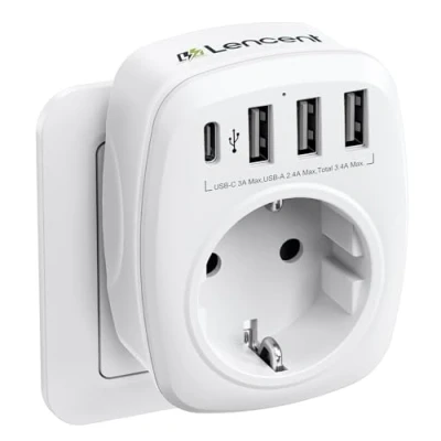 Afbeelding van LENCENT 5 in 1 Socket Adapter, Multi Plug EU Adapter 4000W met 3USB Lader 2.4A en Type C poort 3A Stopcontact Schuko USB Aansluiting, Voedingsadapter Kinderslot Wit EU/DE/FR naar