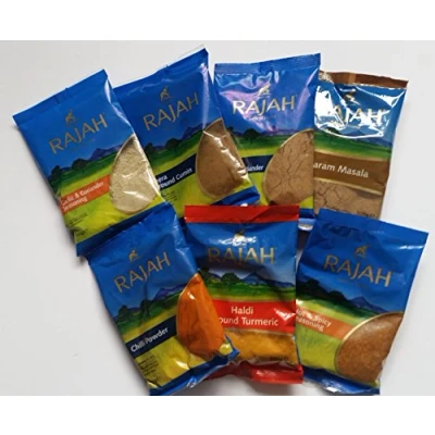 Afbeelding van Curry Spice Kit Rajah Garam Masala, knoflook en corriander, warme kruidige specerijen, kommmelpoeder, chilippoeder, kurkuma poeder, corrianderpoeder.
