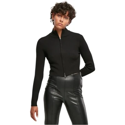 Afbeelding van Urban Classics Dames Cropped Rib Knit Zip Cardigan Sweater, zwart, XS, XS