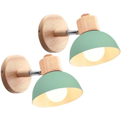 Afbeelding van iDEGU 2 stuks wandlampen retro vintage wandlamp voor gebruik binnenshuis van metaal en hout, modern, draaibaar, E27 licht slaapkamer woonkamer (groen)