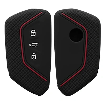 Afbeelding van kwmobile autosleutel hoesje geschikt voor VW Golf 8 3 knops hoes Siliconen behuizing Auto sleutel case met honingraat Sleuteletui in zwart / rood