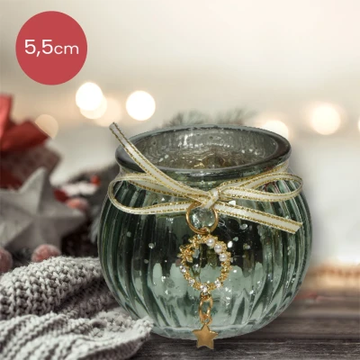 Afbeelding van Licht groene glazen waxinelichthouder met ster Ø6,5 x 5,5 cm kerstdecoratie kerst luxe theelichthouder voor kaarsjes