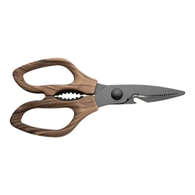Afbeelding van Rockingham Forge Forester keukenschaar van roestvrij staal met een zwarte oxidecoating, ergonomische greep hout, 9,5 x 1 20 cm