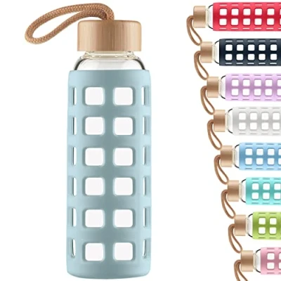 Afbeelding van Cleesmil Sportfles van glas, BPA vrij, met siliconen hoes en bamboedeksel, 1000 ml (lichtblauw)