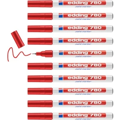 Afbeelding van edding 780 lakmarker rood 10 verfstiften ronde punt 0,8 mm verfstift voor markeren en labelen van metaal, glass, steen of plastic hittebestendig, permanent, veegvast watervast