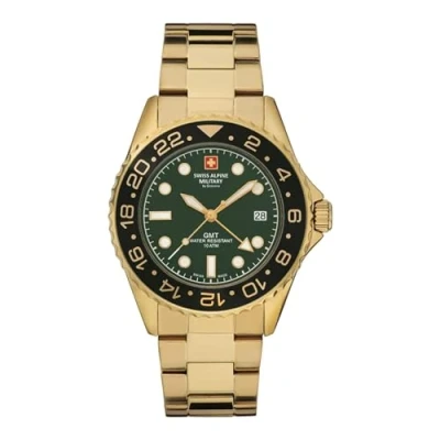 Afbeelding van Swiss Alpine Military GMT 7052 Herenhorloge, analoog, kwarts, roestvrij staal, goud/zwart/groen 1114sam, armband
