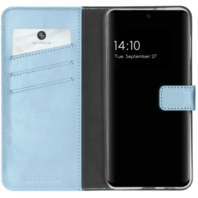Afbeelding van Samsung Galaxy S21 FE Hoesje Echt leder Selencia Bookcase Lichtblauw Telefoonhoesje