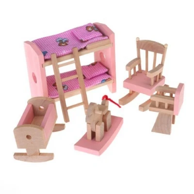 Afbeelding van Poppenhuis meubels houten speelgoed kinderkamer set