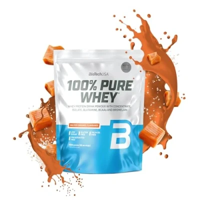 Afbeelding van BioTechUSA 100% Pure Whey Eiwitpoeder met BCAA en Glutamine Glutenvrij, Palmolievrij 21g Eiwit per portie, 1 kg, Gezouten karamel