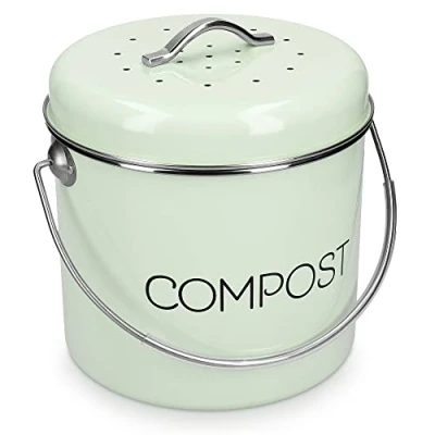 Afbeelding van Navaris metalen compostbak 3L Afvalbakje met 3x filter tegen vieze geuren Prullenbak deksel voor gft afval Compostemmer keuken Mintgroen
