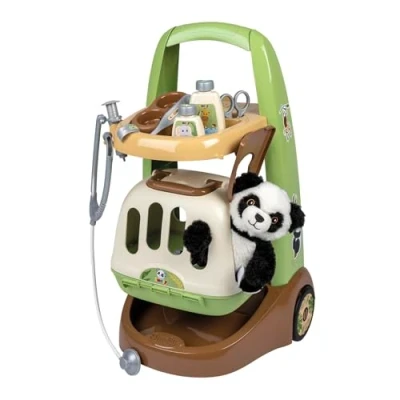 Afbeelding van Smoby Dierenartswagen met knuffelige panda pluche, 2 in 1 transportbox afneembare beweegbare dokterskoffer en vele accessoires zoals stethoscoop, spuit, voerbak nog veel meer.