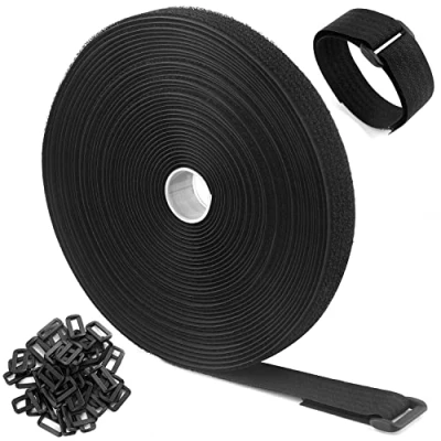 Afbeelding van 10m Klittenband met 50 Gespen, Vrije Snijlengte, Klittenbandsluiting, Hersluitbaar Kabelbinders, Zwart, 2cm Breed, WSZJINB