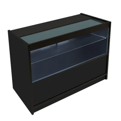 Afbeelding van Zwart Winkel Toonbank LED Verlichting C1200 Afsluitbaar Schuifdeuren 2 Sleutels Detailhandel Opbergkast Glas Vitrine Display Kast Receptie Bureau 3 Planken Open 1 Gesloten Schappen Witte Lampen