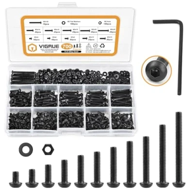 Afbeelding van VIGRUE 700 stuks M3 schroevenset, koolstofstaal, zwart, schroeven en moeren, sluitringen, set met ronde knop, lenskop, binnenzeskant moersleutel, schroefdraadschroeven