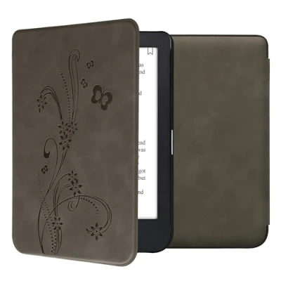 Afbeelding van kwmobile e reader hoesje geschikt voor Kobo Clara 2E hoes Ereader flip case met standaard Kunstleren cover Stengels en Vlinder design in grijs