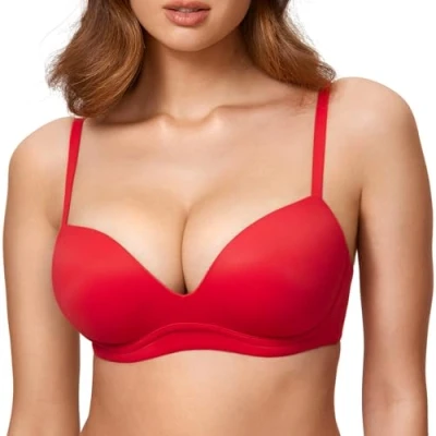 Afbeelding van DOBREVA Vrouwen Push Up BH Plunge Draadloze Comfortabele T Shirt Gevoerde Bh&#039;s Diep rood 95B