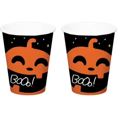 Afbeelding van Halloween thema feest beker 12x pompoen BoOo! print papier 250 ml Feestbekertjes