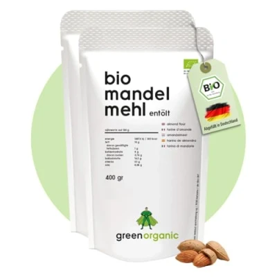 Afbeelding van Biologische premium amandelmeel 2 delige set, wit, lower carb, glutenvrij, veganistisch, ontolied, eiwitrijk, vezelrijk, Paleo Superfood, duurzaam en eerlijk geteeld, 800 g