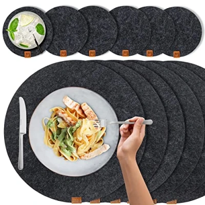 Afbeelding van MIQIO® Design Scandi stijl Vilt &amp; Leer Placemats (Rond) 6 + Onderzetters