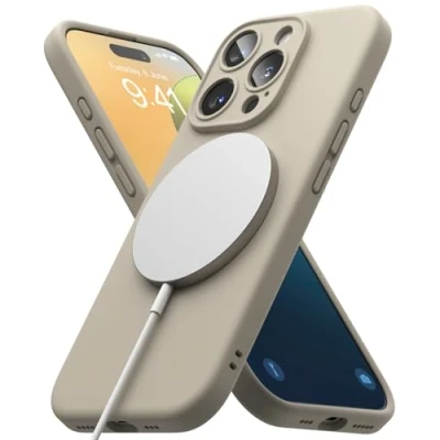 Afbeelding van Ringke Silicone Magnetic Compatibel met iPhone Pro Case, Cover Magnetisch Draadloos, Schokabsorptie Flexibele Soft Feel Hoesje Stone