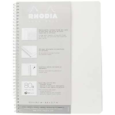 Afbeelding van Rhodia 193001C Notitieboek, DIN A4+ (225 x 297 mm), met dubbele spiraal, geruit, 80 g, vellen, microgeperforeerd, 1 stuk, wit/zilver