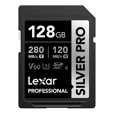 Afbeelding van Lexar Silver Pro SD kaart 128 GB, UHS II geheugenkaart, V60, U3, C10, SDXC kaart, tot 280 MB/s lezen, voor professionele fotograaf, videograaf, liefhebber (LSDSIPR128G BNNAA)