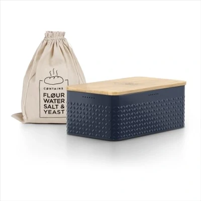 Afbeelding van LARS NYSØM &#039;Glæde&#039; Broodtrommel met linnen broodzak Bamboe deksel bruikbaar als snijplank 34x18,5x13,5cm Navy
