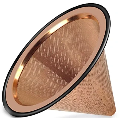 Afbeelding van Koffie Druppelaar Brede Metalen Basis Herbruikbaar Roestvrijstalen Koffiefilter (Titanium Copper, Floral Mesh)