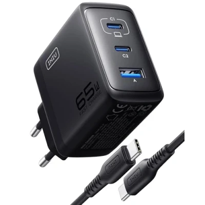 Afbeelding van INIU 65W USB C oplader, 3 Poorts [USB * 2 + A] Meerdere Voeding met Kabel, PD 3.0 Snellader Plug, adapter voor iPhone 16 15 14 13 12 Pro Max, iPad Air, Samsung S24 S23 Ultra, enz.