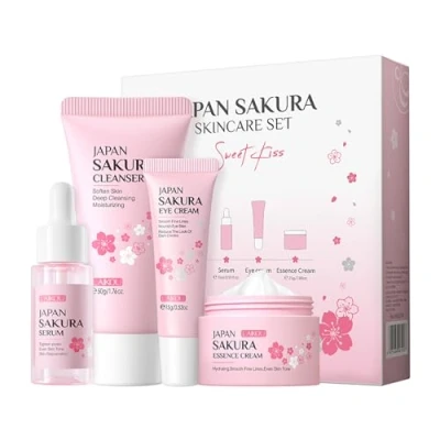 Afbeelding van LAIKOU Huidverzorgingsset, Sakura Huidverzorgingssets &amp; kits Reinigingsmiddel, Gezichtsserum, Oogcrème, Gezichtscrème, Cadeauset Voor Tienermeisjes Dames Reisset Alle Huidtypes 4 stuks