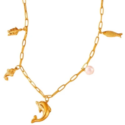 Afbeelding van Goudkleurige damesketting met zee bedels &amp; parel 45 cm