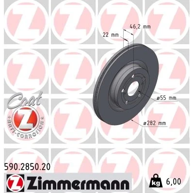 Afbeelding van ZIMMERMANN Remschijf TOYOTA: Yaris IV 282mm 22mm 7/5 5 gat 100mm interne ventilatie Gecoat 590.2850.20 1M0426251,43512K0040 Remschijven