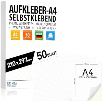 Afbeelding van Zelfklevende DIN A4 etiketten, 50 stuks, 210 x 297 mm, universeel bedrukbaar, mat wit oppervlak, compatibel met inkjet en laserprinters, stickers voor veelzijdige toepassingen, Made in Germany