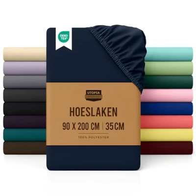 Afbeelding van Utopia Bedding Hoeslaken, 35 cm Diepe, Eenvoudig onderhoud Zachte Geborstelde Microvezel Stof, Krimp en Vervaagt Bestendig (90 x 200 cm, Marineblauw)