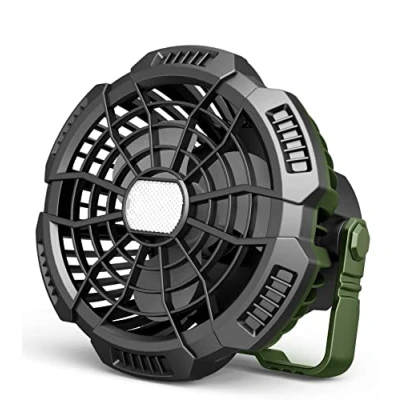 Afbeelding van Melchioni Family Draagbare campingventilator, oplaadbaar, accu 5200 mAh, ledlicht, 3 helderheidsniveaus, snelheden, diameter 10 cm, haak om op te hangen en afstandsbediening, rotatie 180 graden